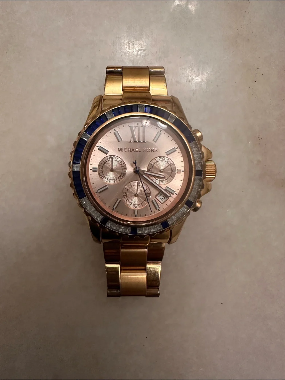 Michael Kors Rose Gold Women's Chronograph Watch with Blue Bezel